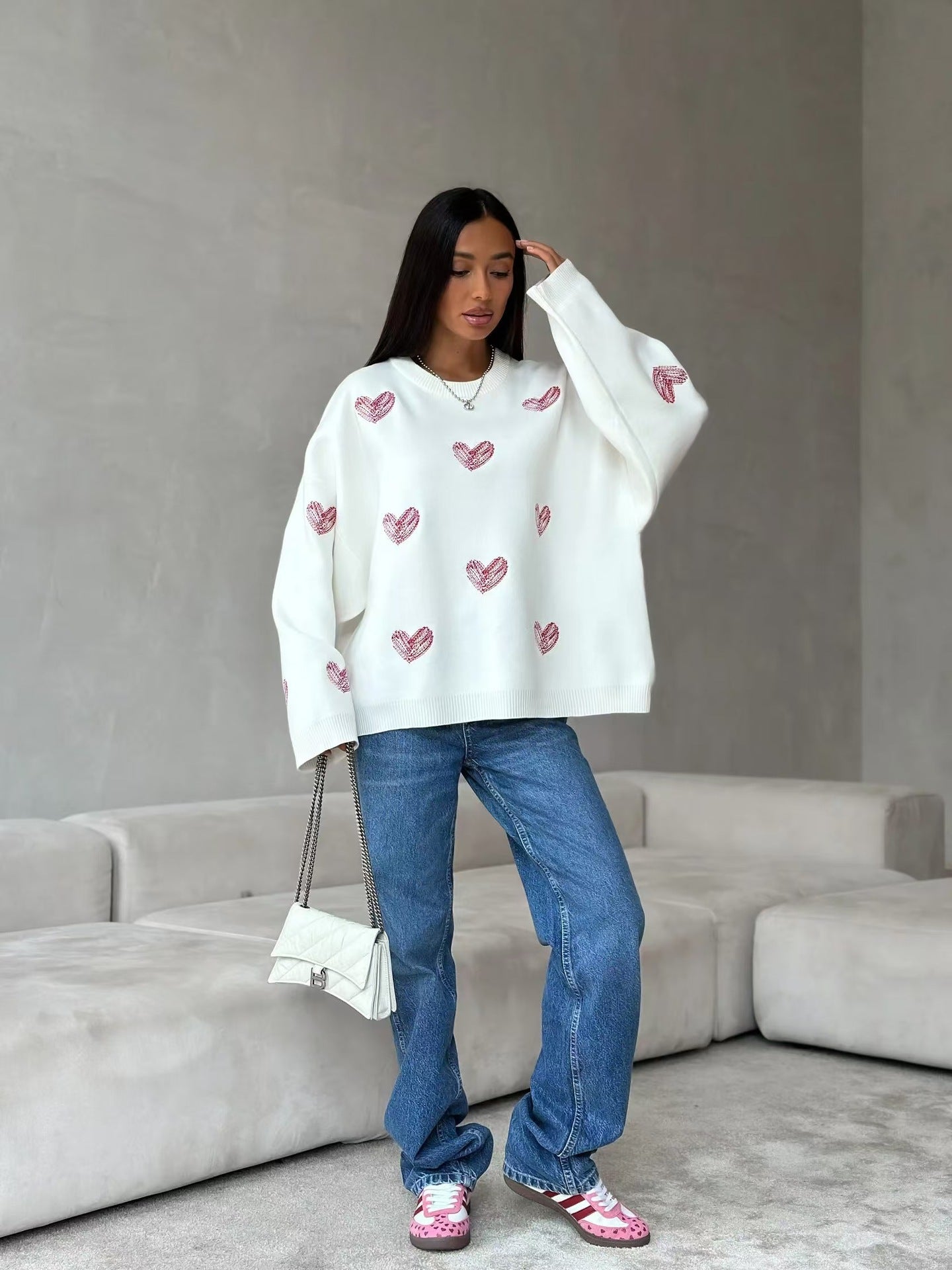 Lazy Style Heart Pattern Knit Sweater