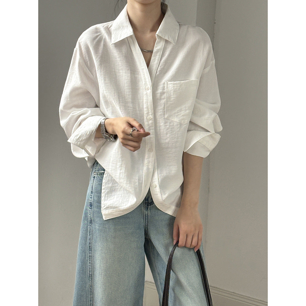 Loose V-Neck Cotton Blend Long Sleeve Shirt