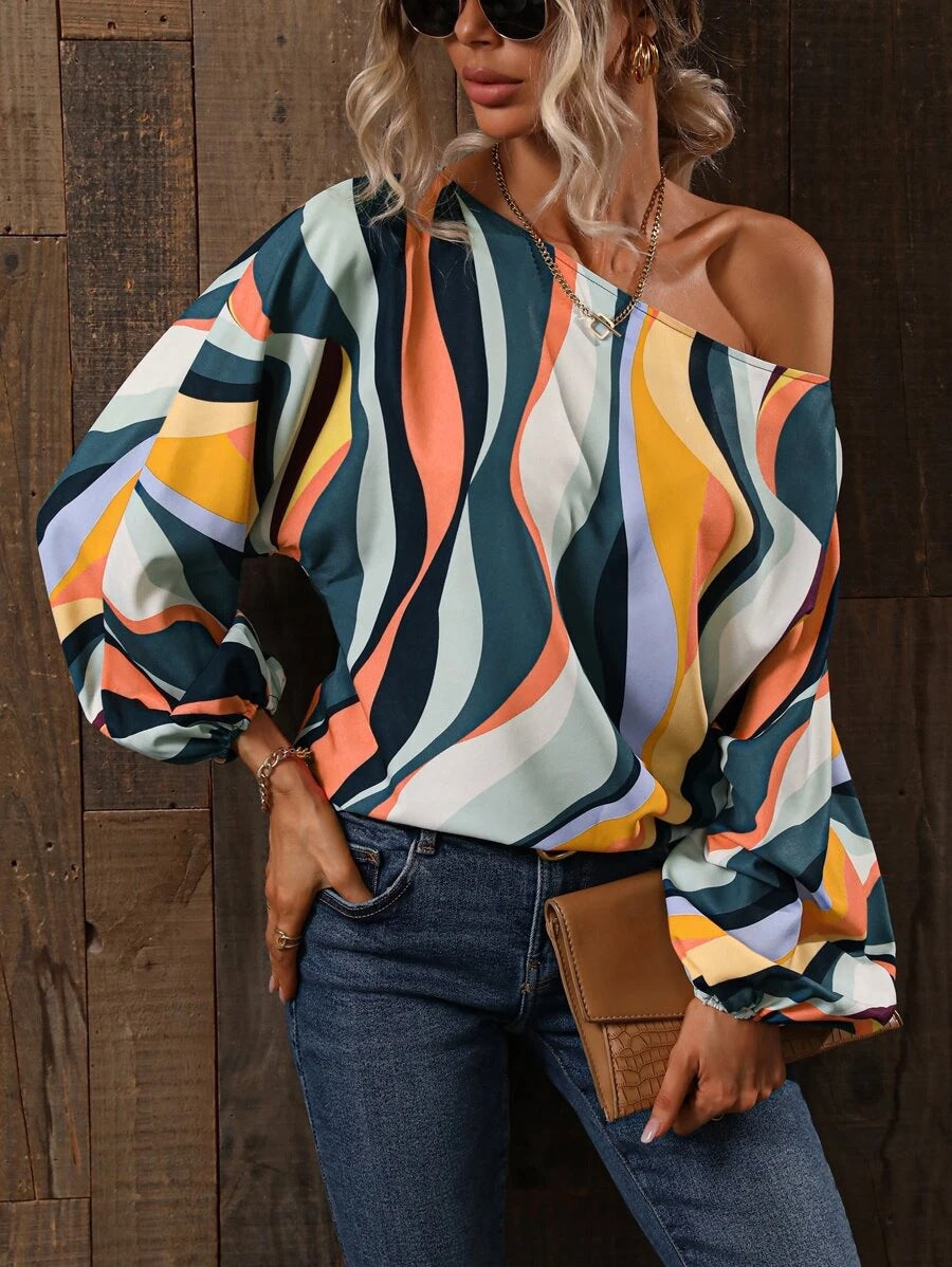Painted One-Shoulder Lantern Sleeve Top