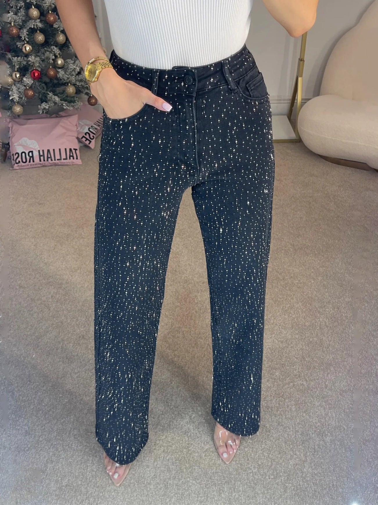 Sparkle Detail Low-Waist Straight Jeans