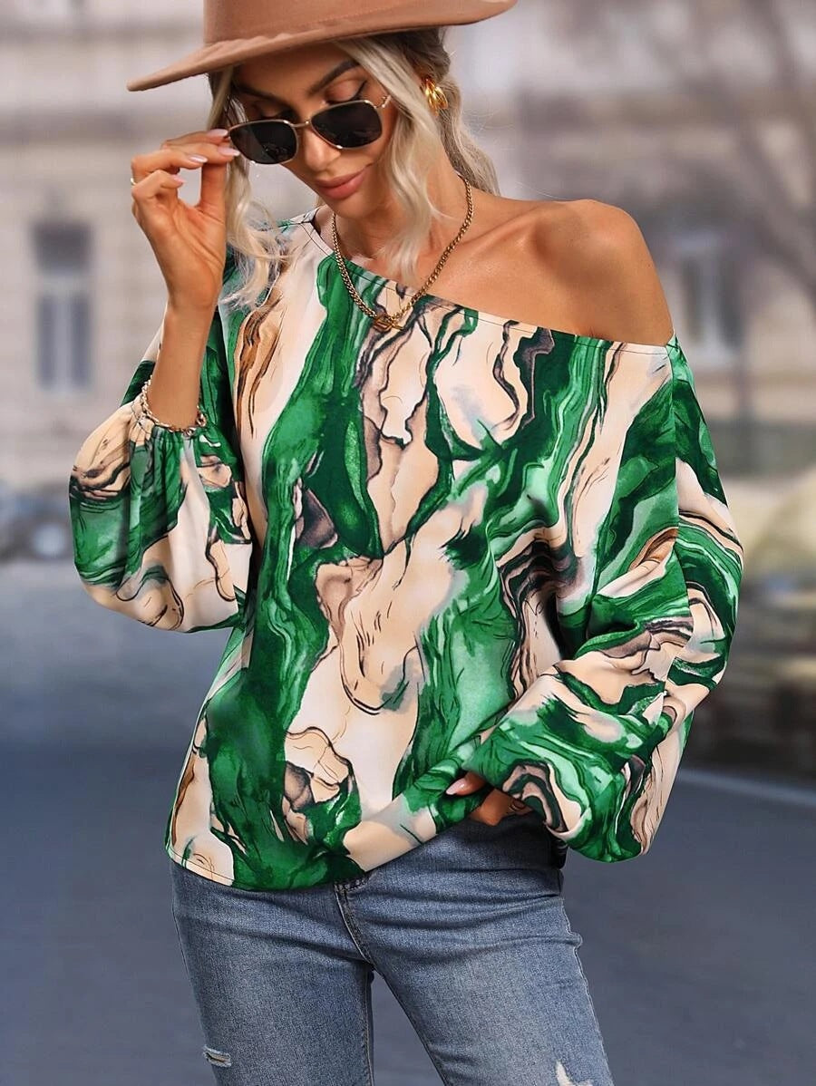 Painted One-Shoulder Lantern Sleeve Top