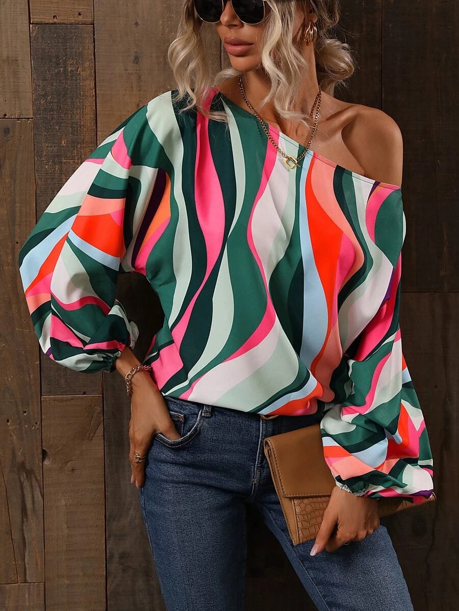Painted One-Shoulder Lantern Sleeve Top