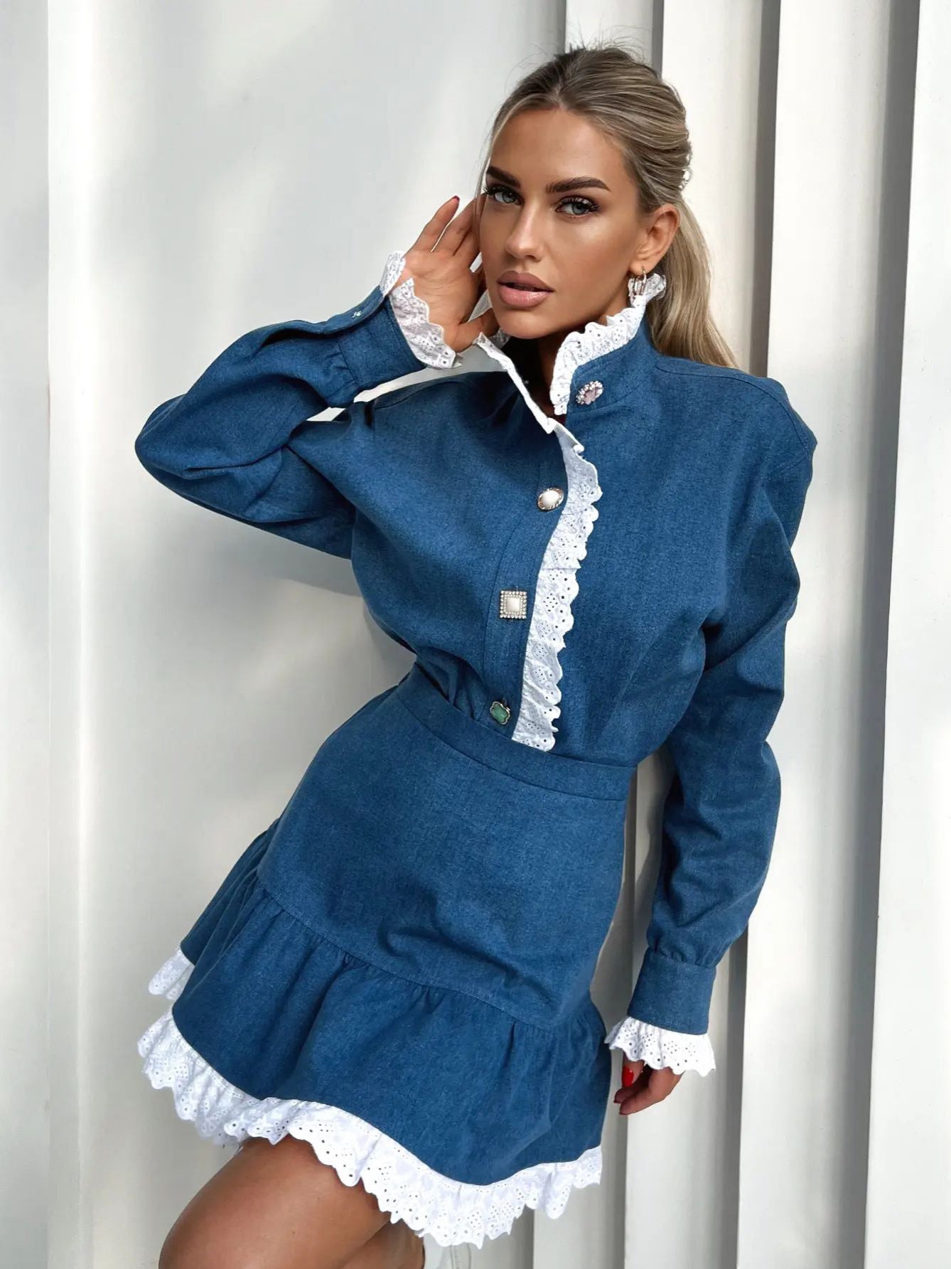 Lace-Trimmed Denim Dress with Rhinestone Buttons
