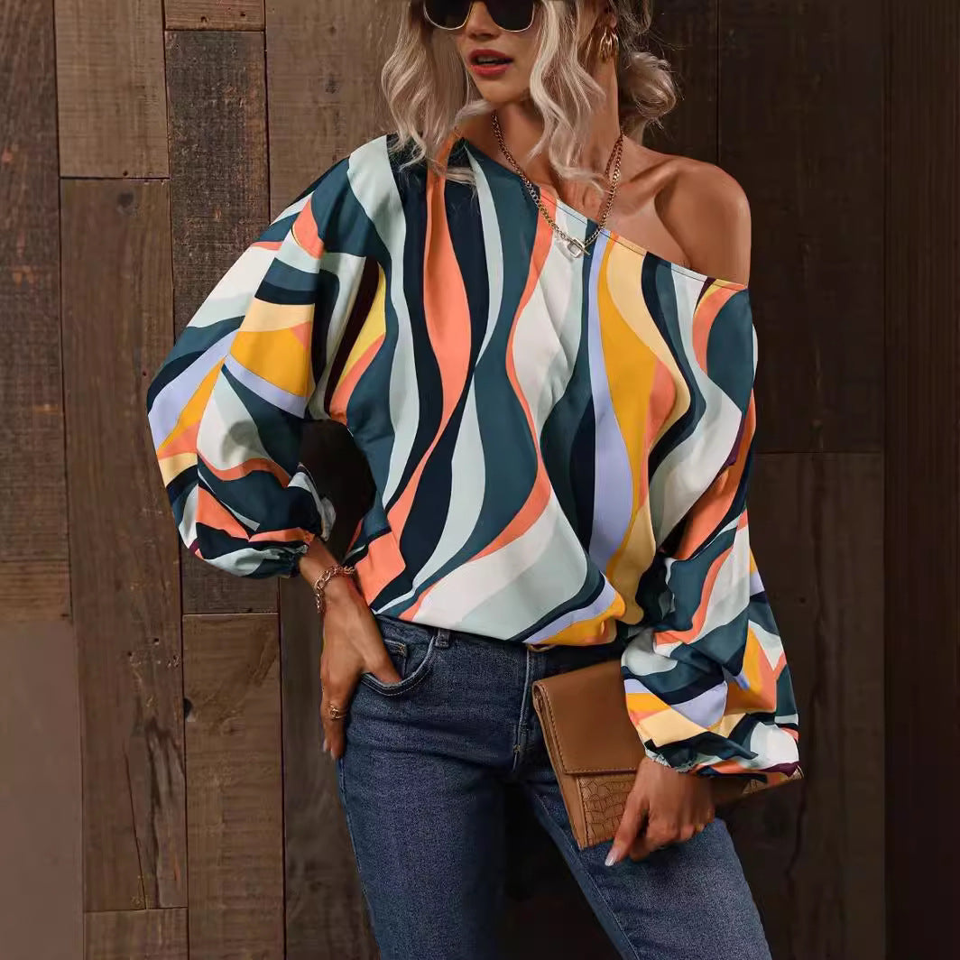 Painted One-Shoulder Lantern Sleeve Top