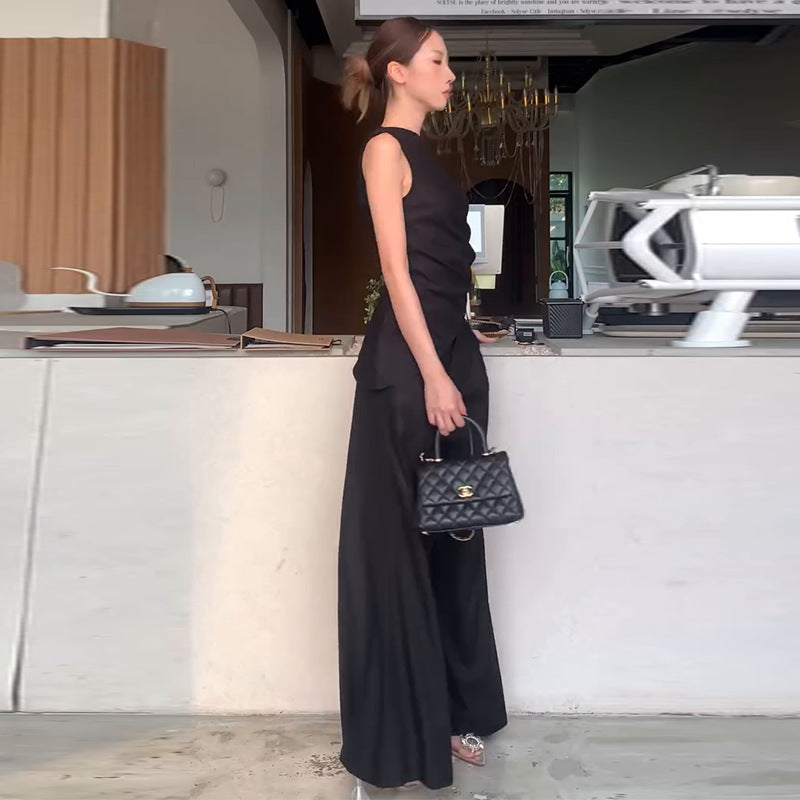Elegant Black Sleeveless Wide-Leg Pants Suit
