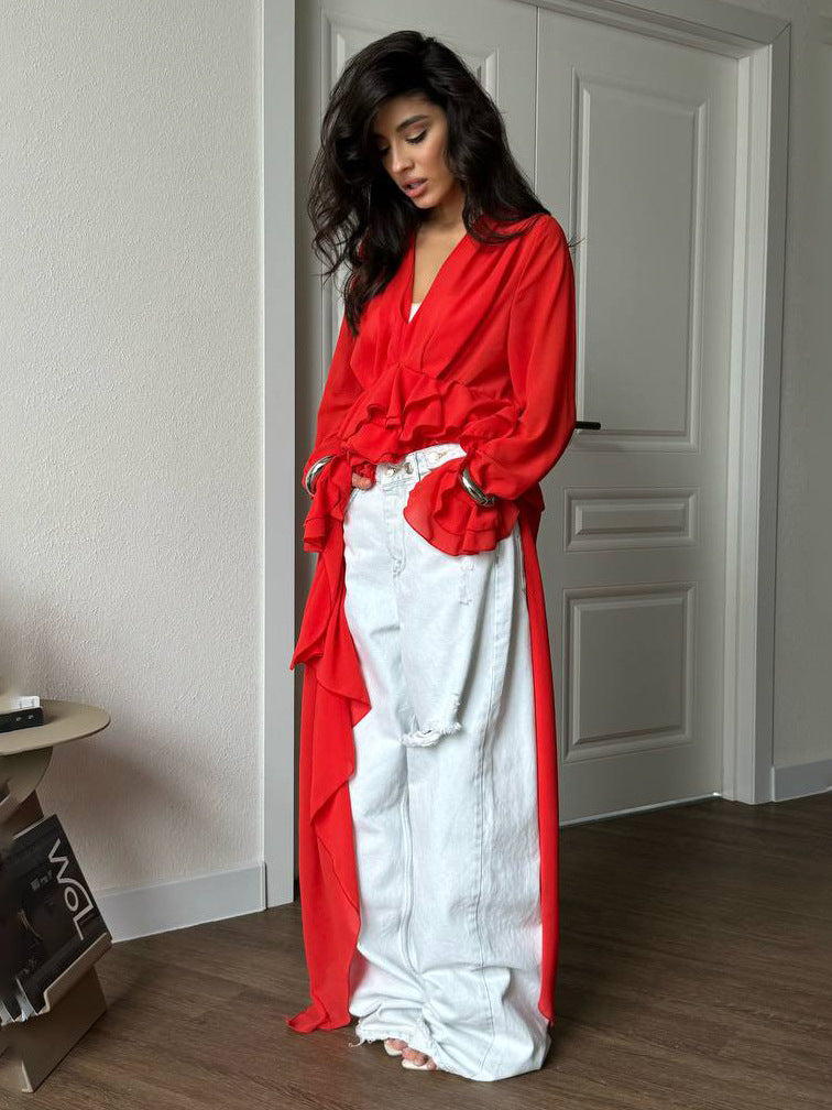 Elegant Long Chiffon V-Neck Wrap Top