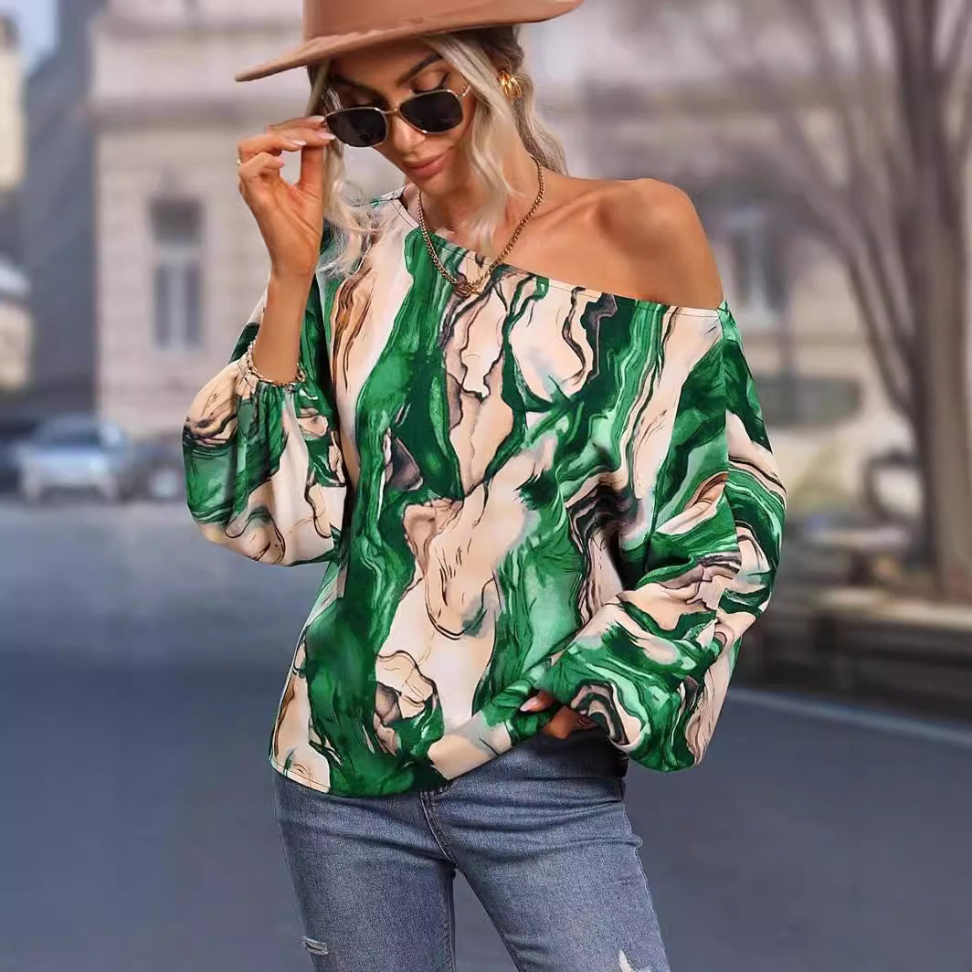 Painted One-Shoulder Lantern Sleeve Top