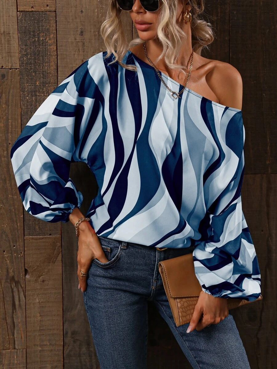 Painted One-Shoulder Lantern Sleeve Top