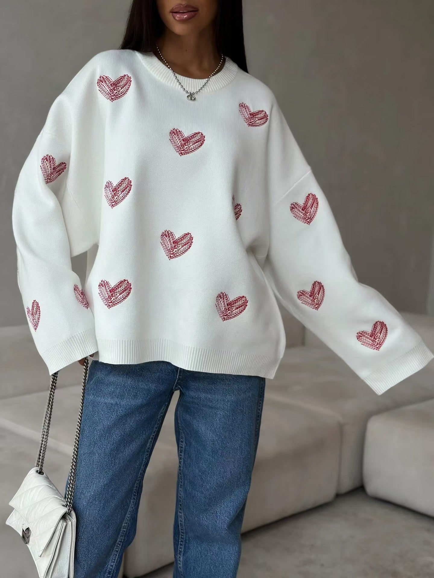 Lazy Style Heart Pattern Knit Sweater