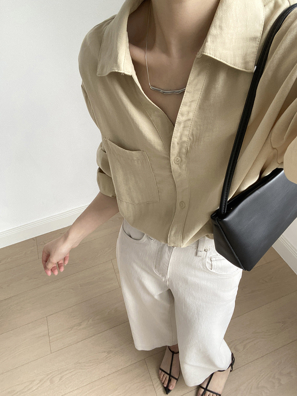 Loose V-Neck Cotton Blend Long Sleeve Shirt