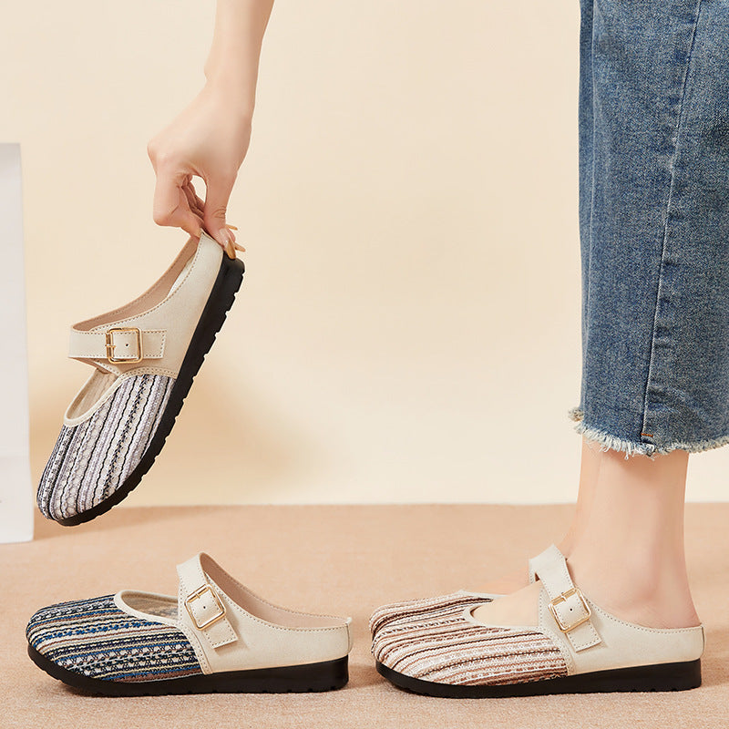 Roman Style Striped PU Sandals with Buckle