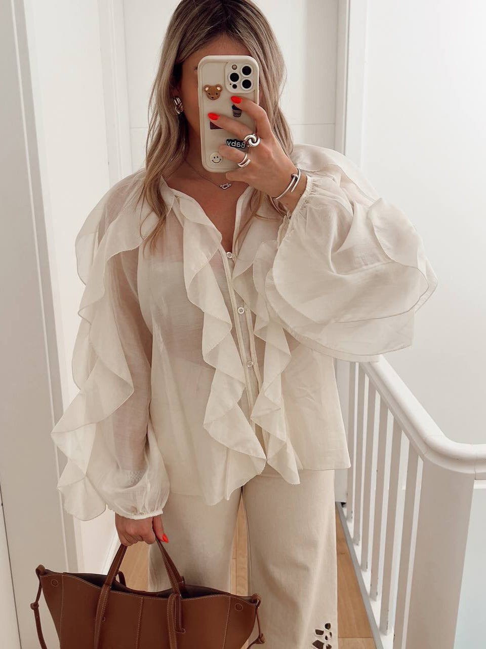 Elegant Chiffon Ruffle Zip Blouse