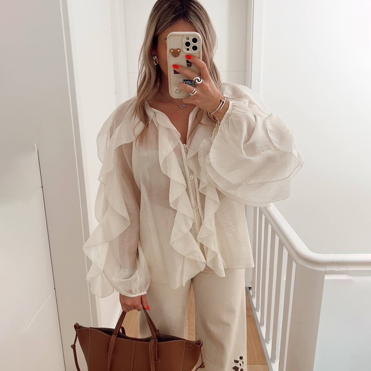 Elegant Chiffon Ruffle Zip Blouse