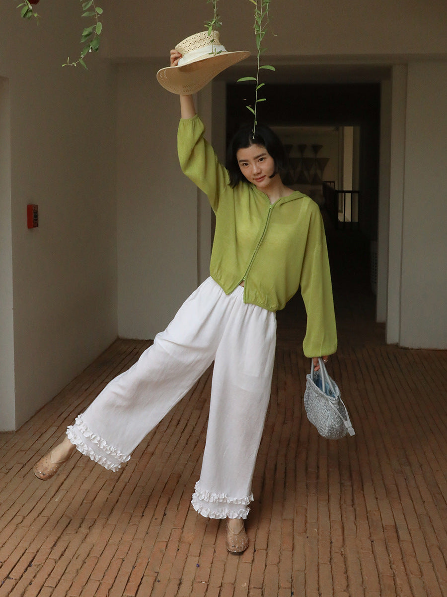 White Cropped Linen-Blend Pants with Wavy Hem