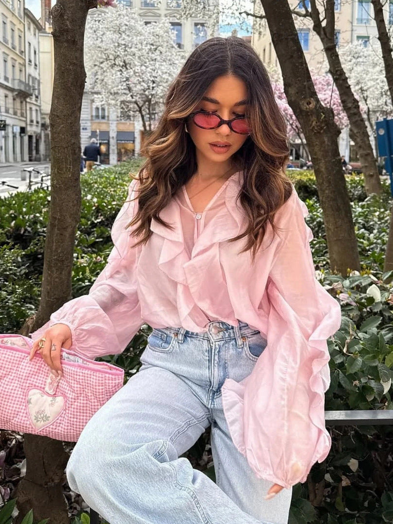 Elegant Chiffon Ruffle Zip Blouse